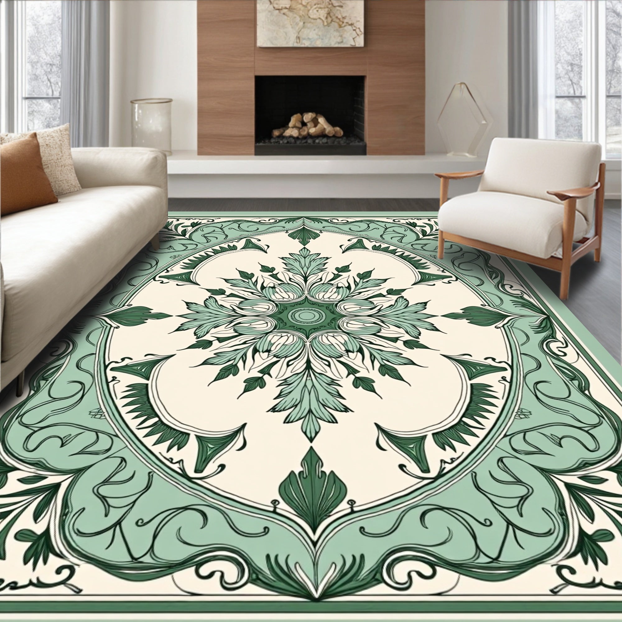 Elegant Green Floral Medallion Pattern Rug