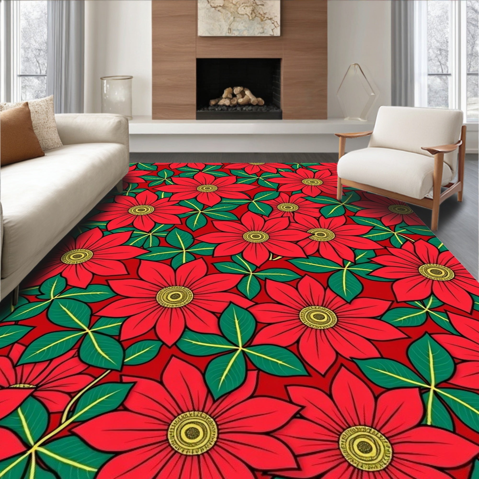 Bold Red Floral Pattern Rug