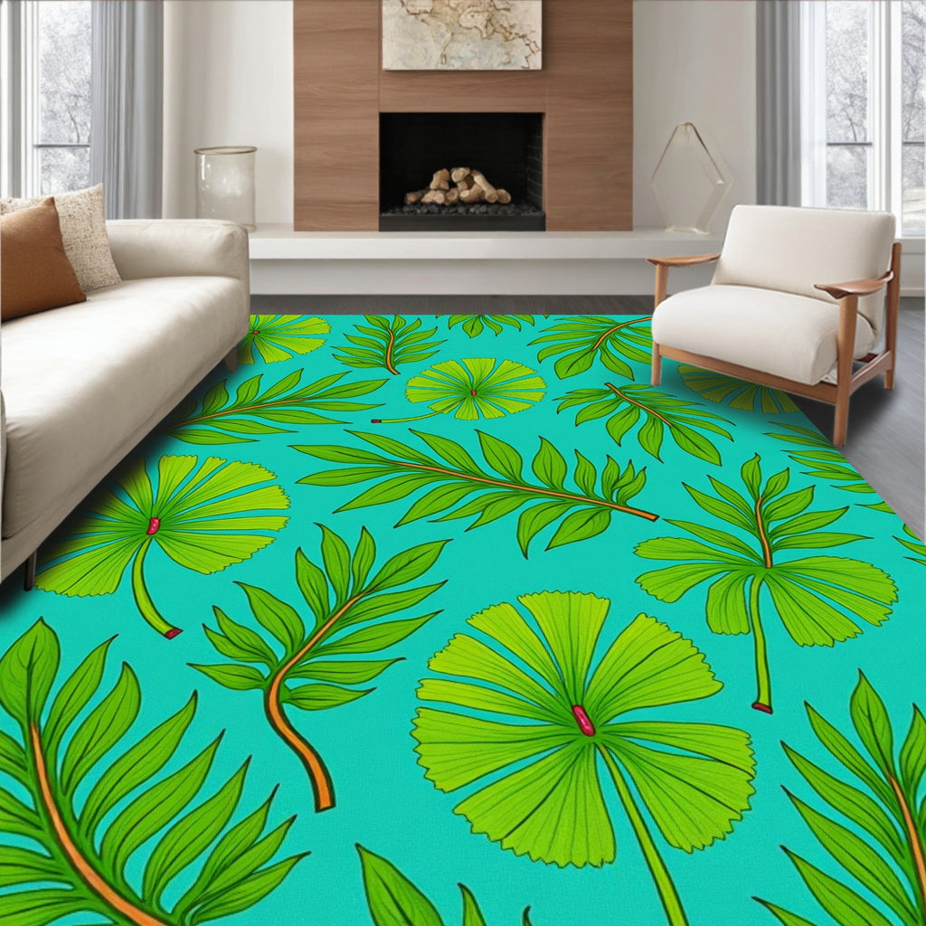 Vibrant Green Tropical Foliage Teal Rug