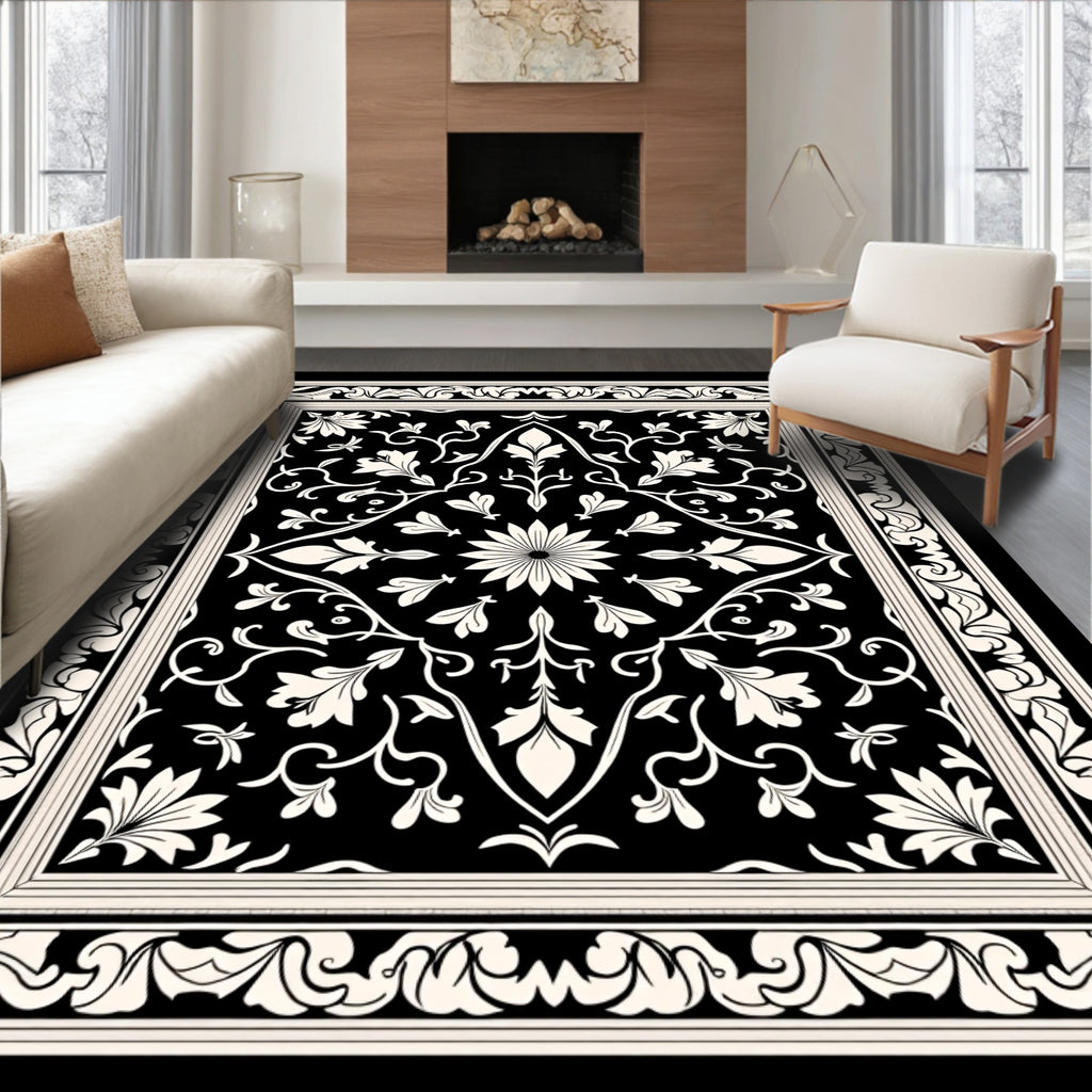 Classic Black White Floral Pattern Rug