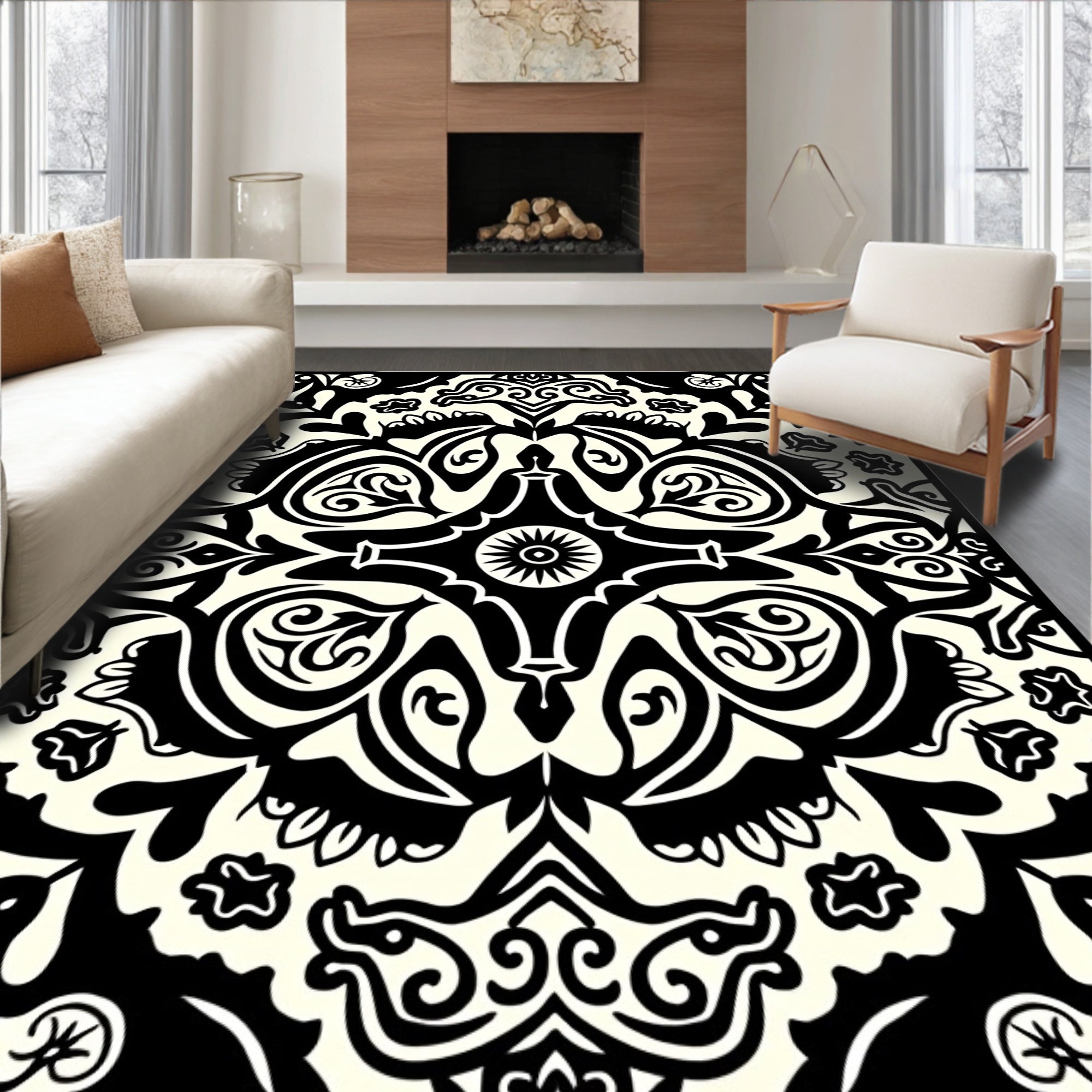 Black and White Intricate Paisley Pattern Rug