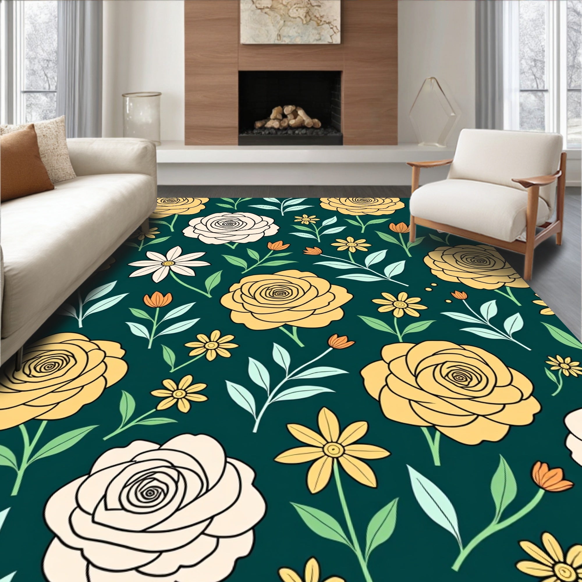 Yellow Rose Floral Pattern Design Rug