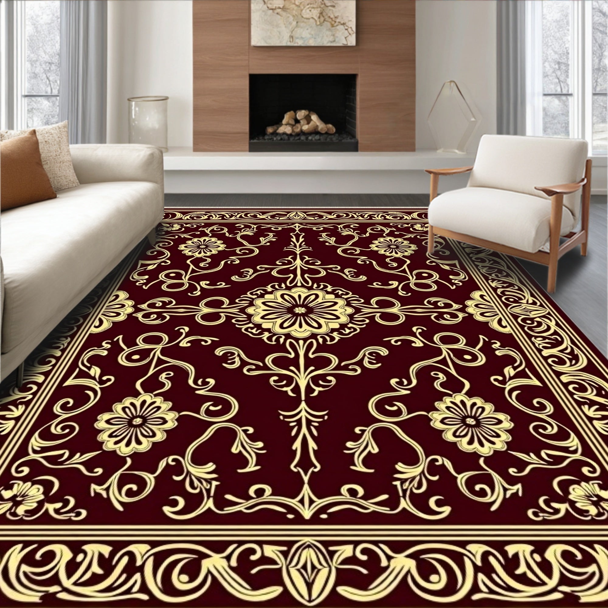 Regal Golden Floral Vine Pattern Rug