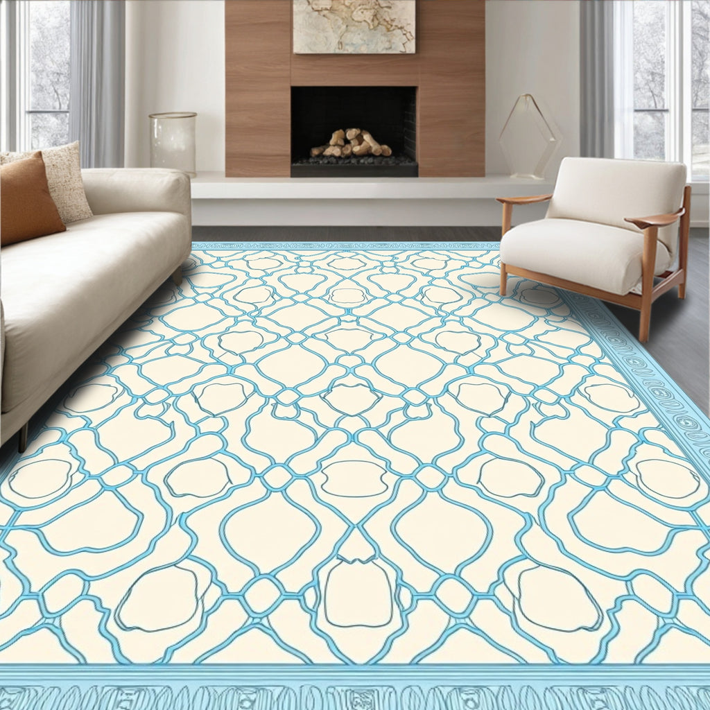 Blue Ivory Interwoven Lattice Rug
