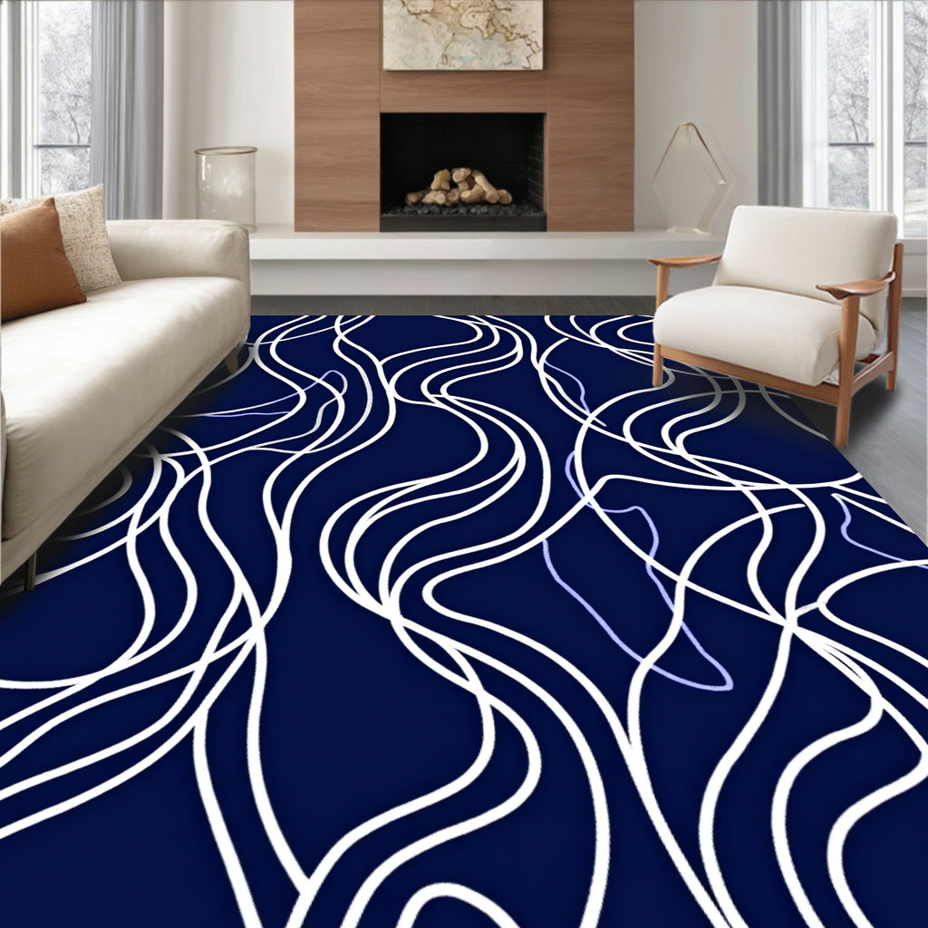 Abstract White Swirls Dark Blue Design Rug