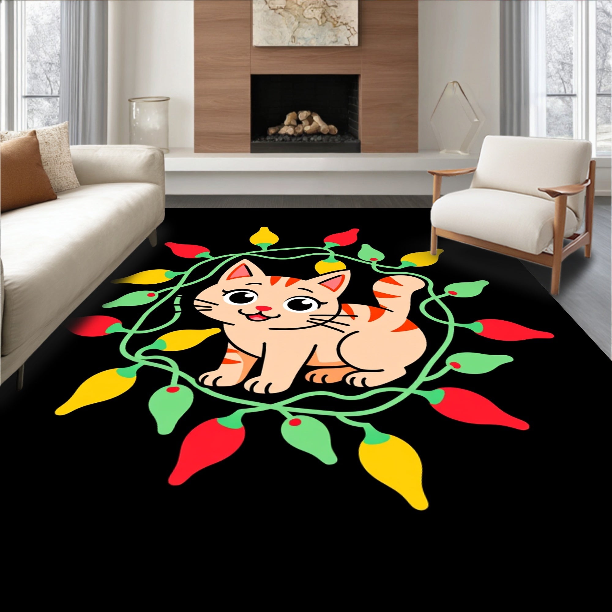 Cute Cat With Festive Lights Design Rug