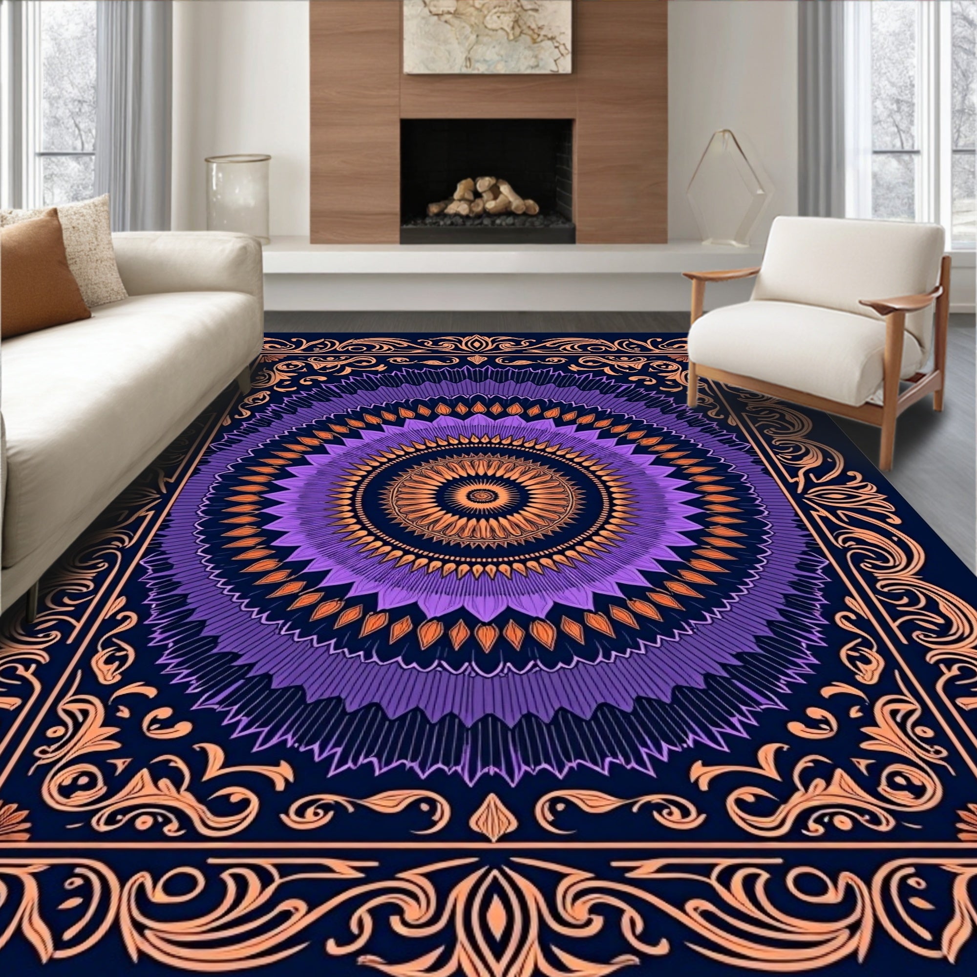 Intricate Orange Purple Mandala Design Rug