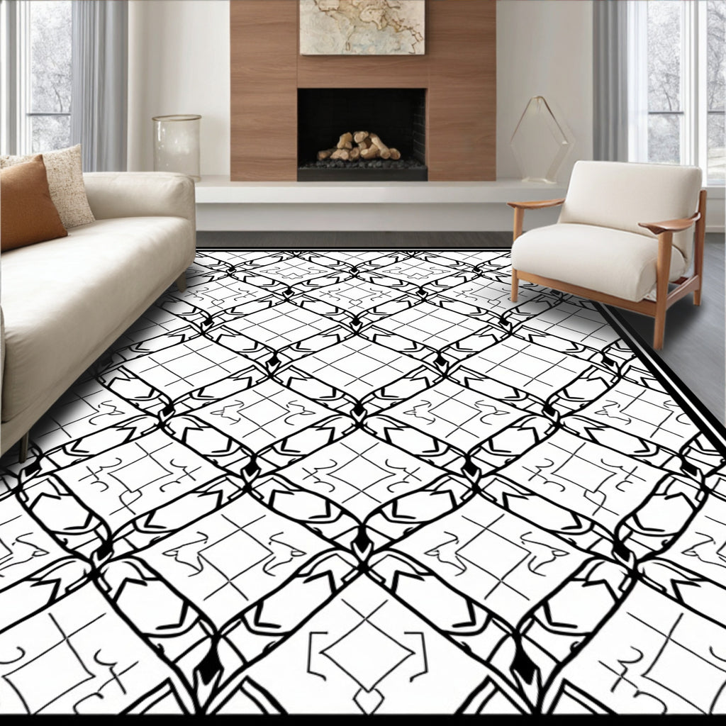 Monochrome Geometric Scrollwork Pattern Rug