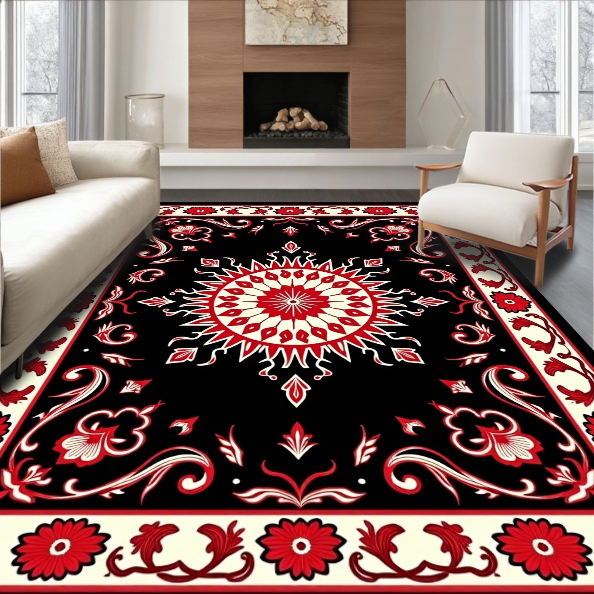Bold Red Floral Medallion Design Rug