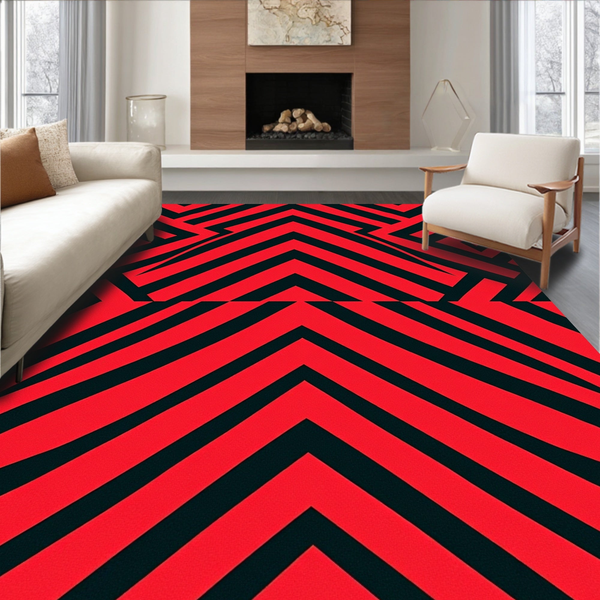 Bold Red Black Geometric Stripes Rug