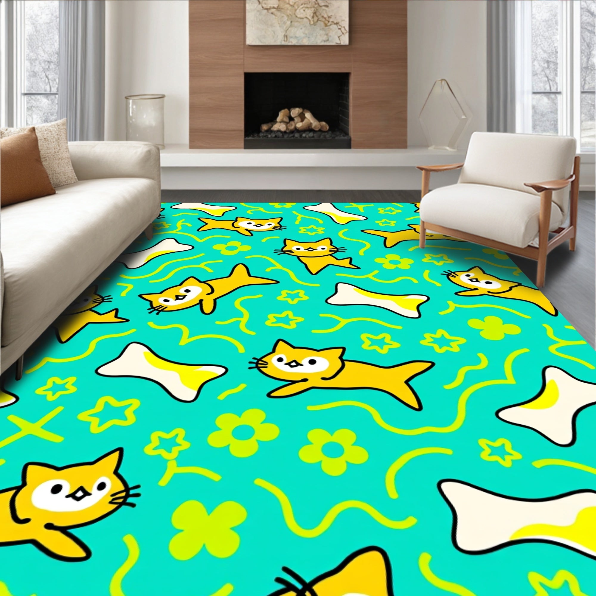 Cute Yellow Cat Bone Pattern Rug