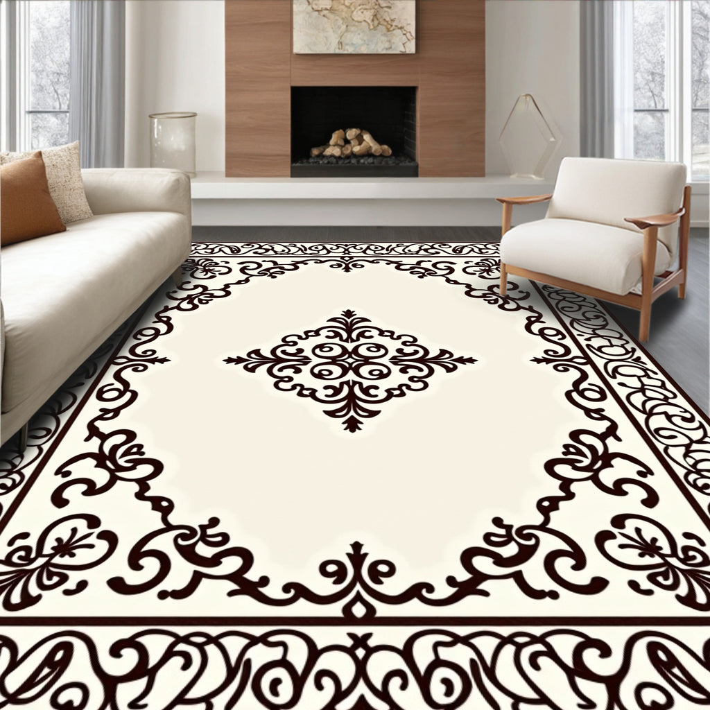 Ornate Scrollwork Cream Brown Rug