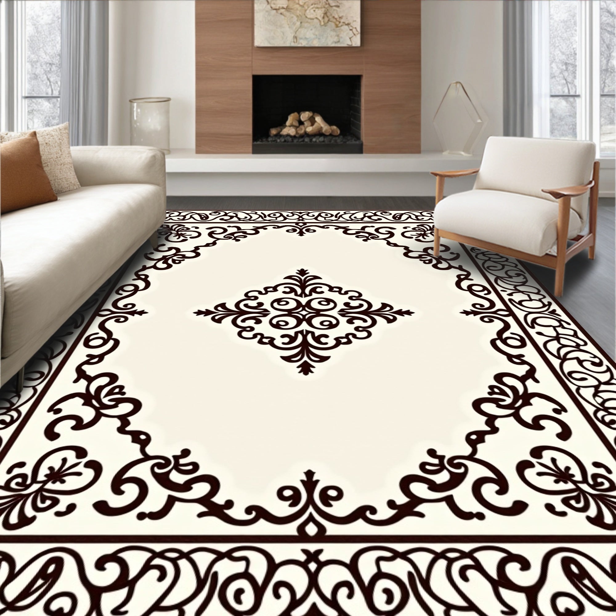 Ornate Scrollwork Cream Brown Rug