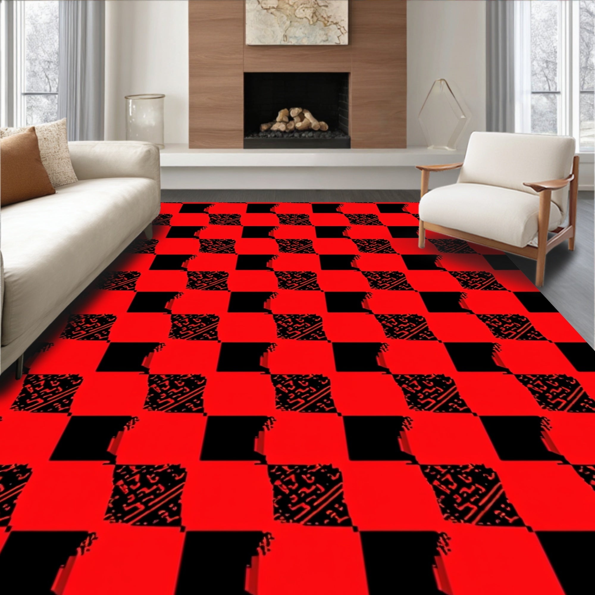 Bold Red Black Checkered Abstract Design Rug