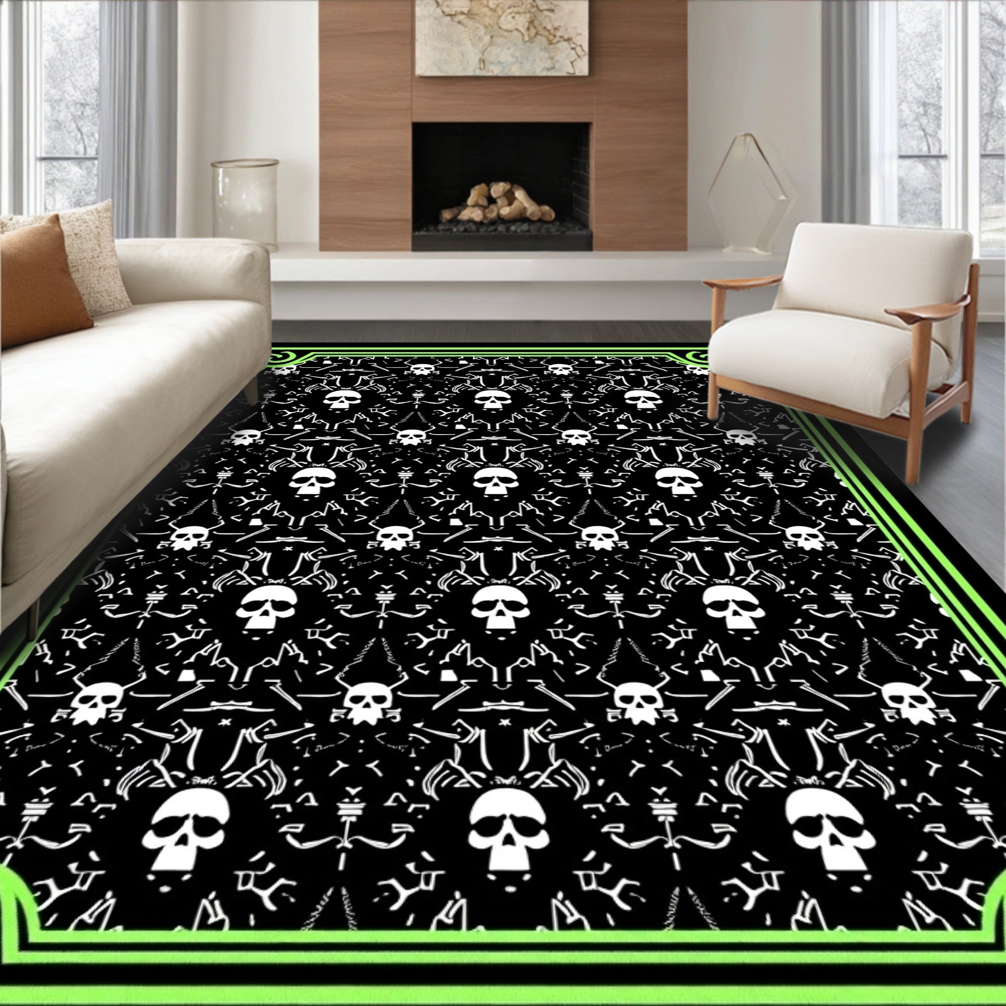 Black Skull Patterned Graphic Design Rug