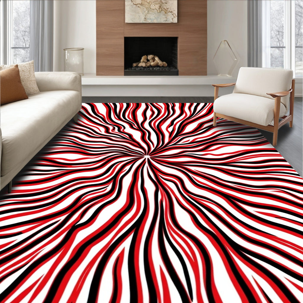 Red Black Abstract Flowing Lines Rug