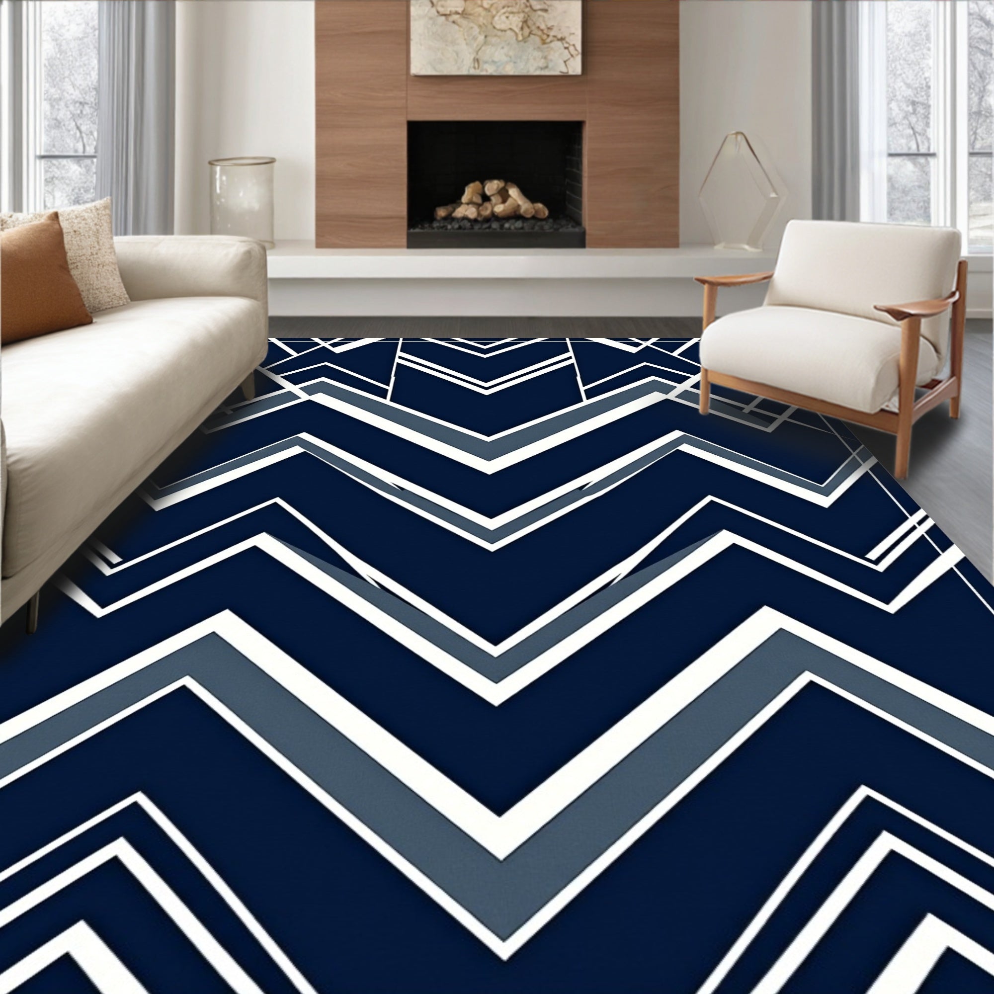 Geometric Chevron Dark Blue Pattern Rug