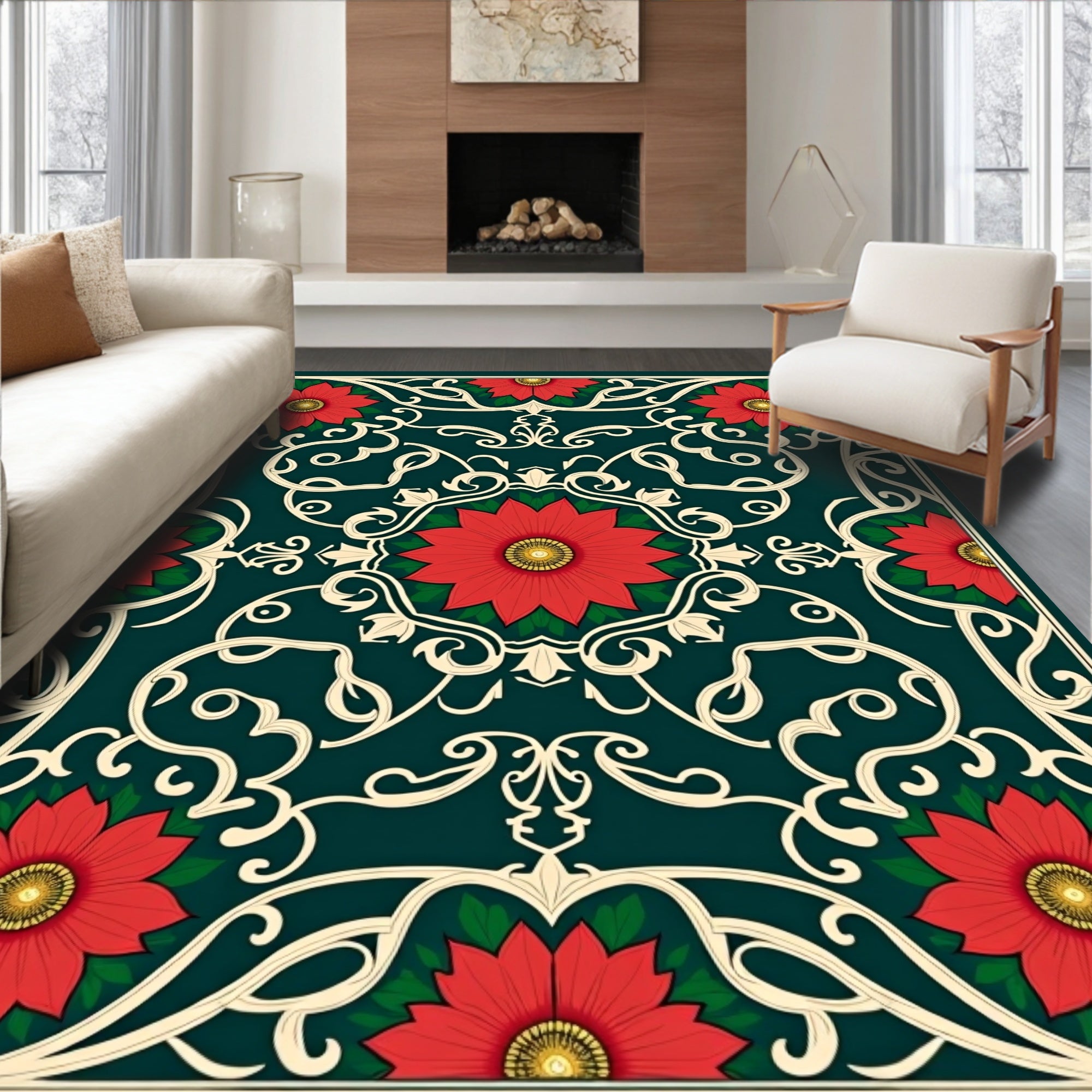 Red Floral Vines Vintage Style Rug