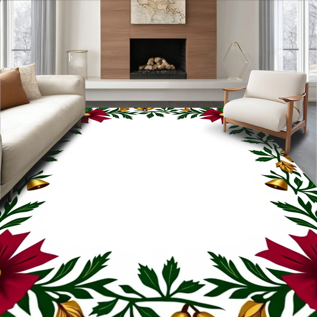 Festive Burgundy Bow Green Leaf Bells Rug