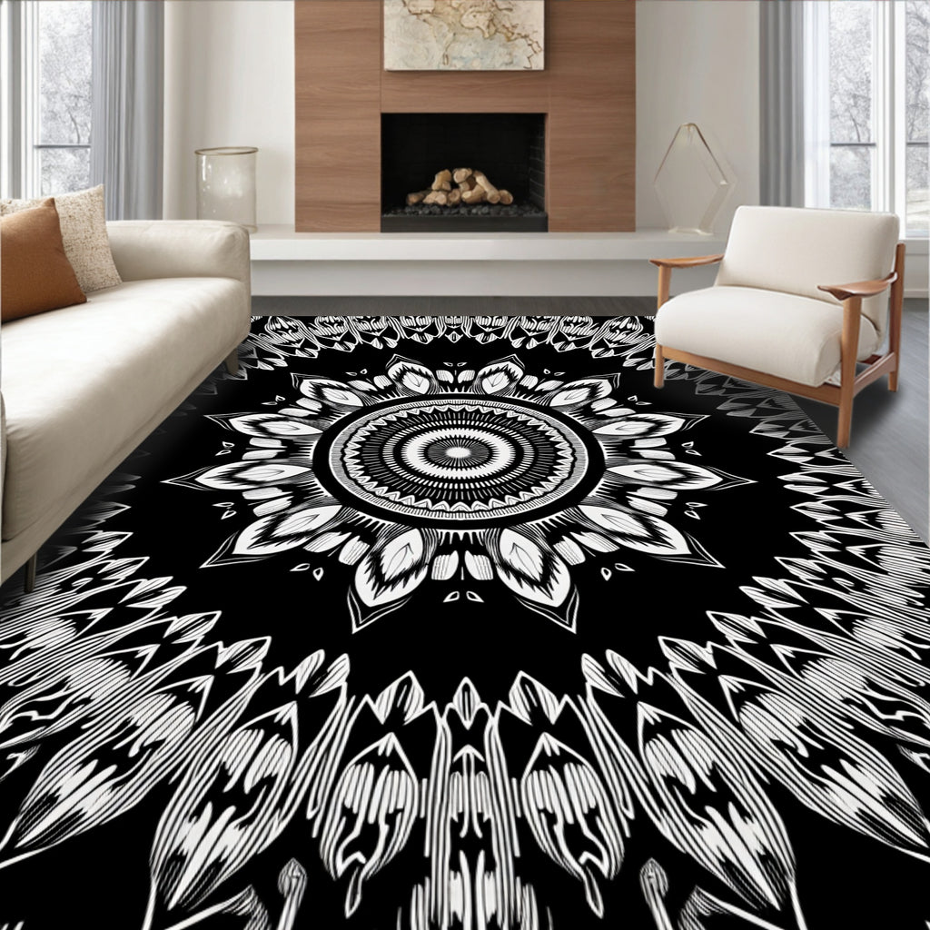 Intricate Black White Mandala Design Rug
