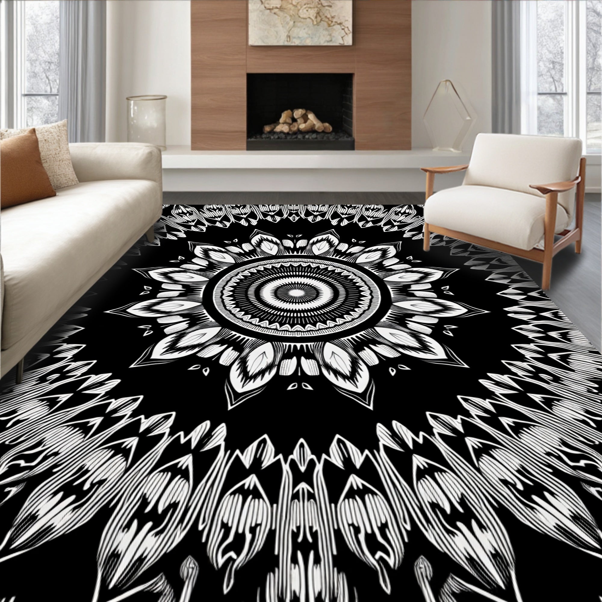 Intricate Black White Mandala Design Rug