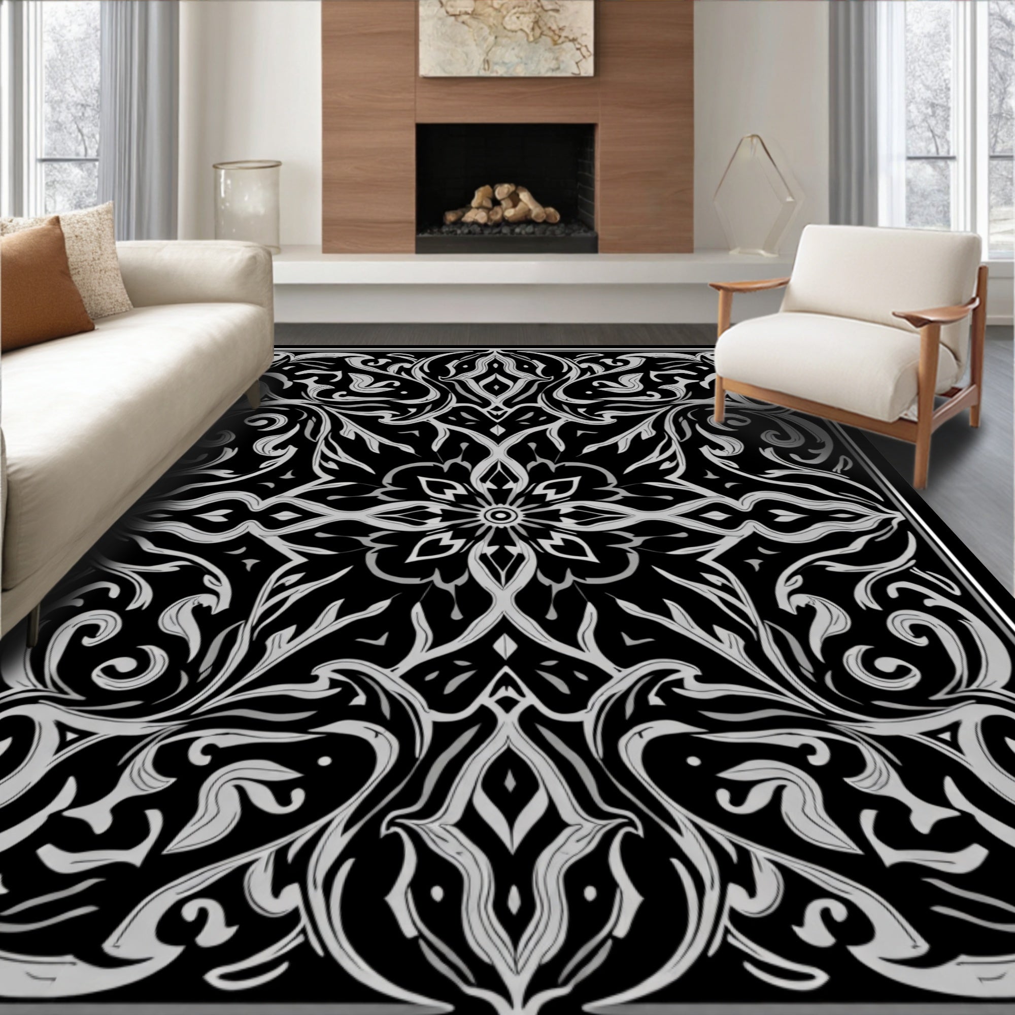 Intricate Black Grey Floral Symmetry Rug
