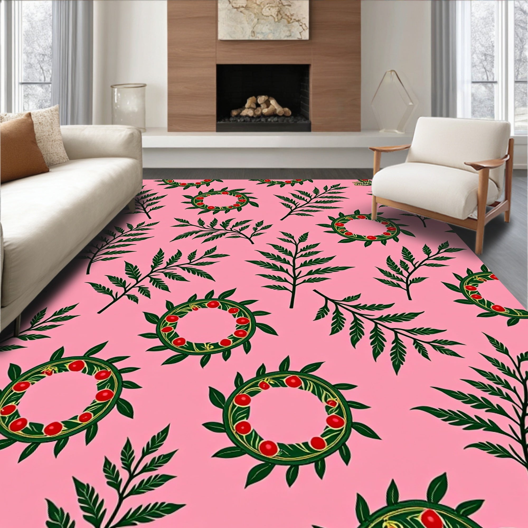 Green Leafy Branches with Red Berries Rug