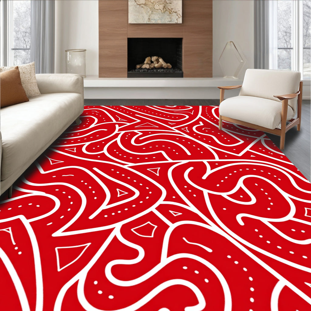 Red White Abstract Wavy Lines Rug