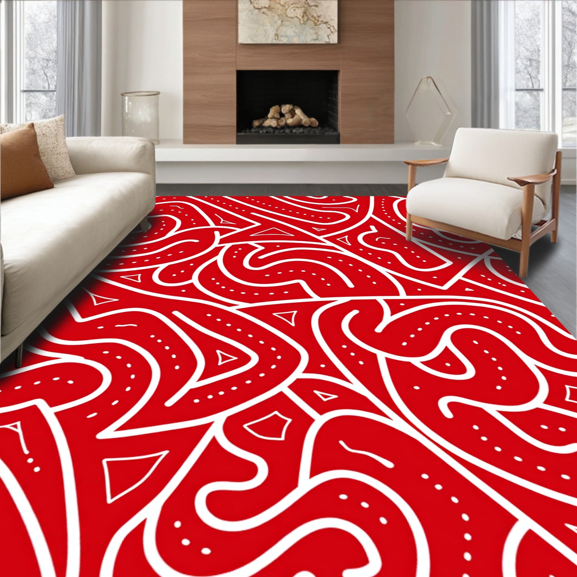 Red White Abstract Wavy Lines Rug