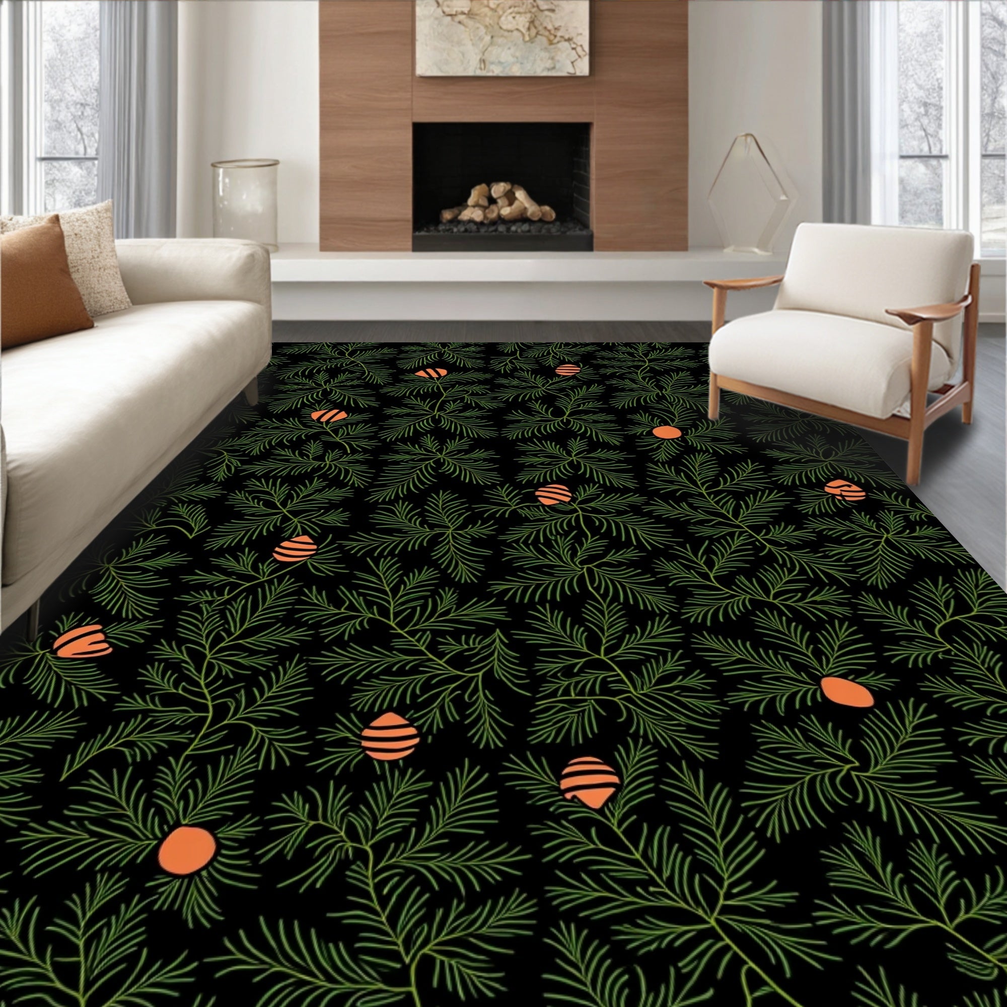 Green Fir Branch Orange Berry Rug