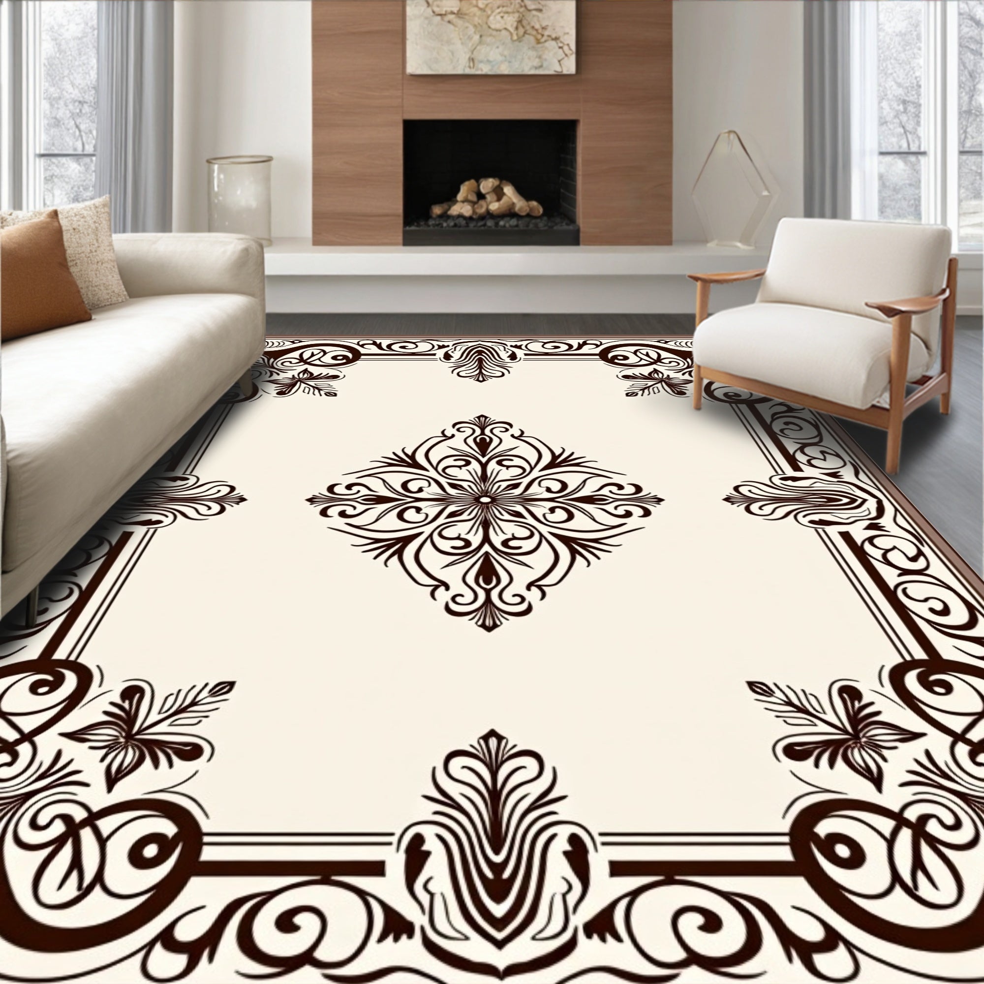 Ornate Floral Scroll Border Pattern Rug