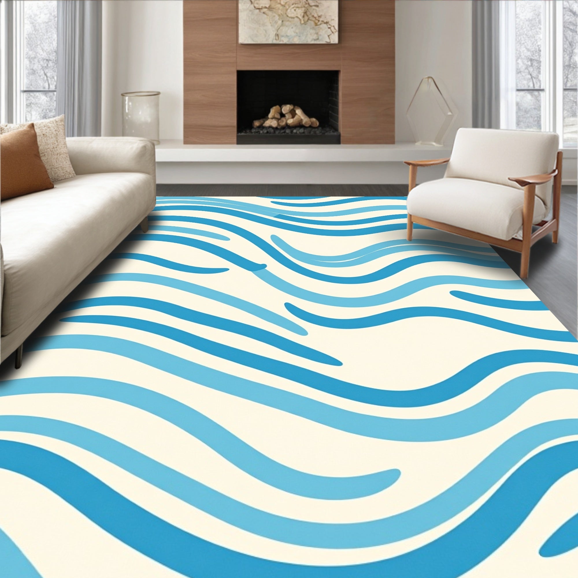 Blue Wavy Abstract Lines Design Rug