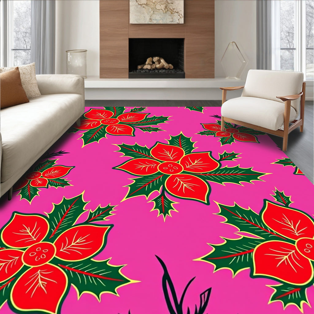 Vibrant Red Holly Poinsettia Garland Rug