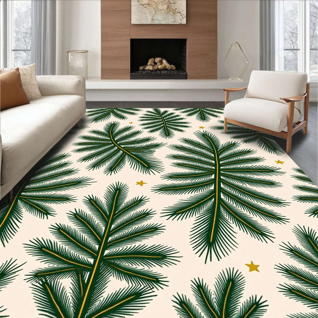 Green Pine Sprig And Gold Star Pattern Rug