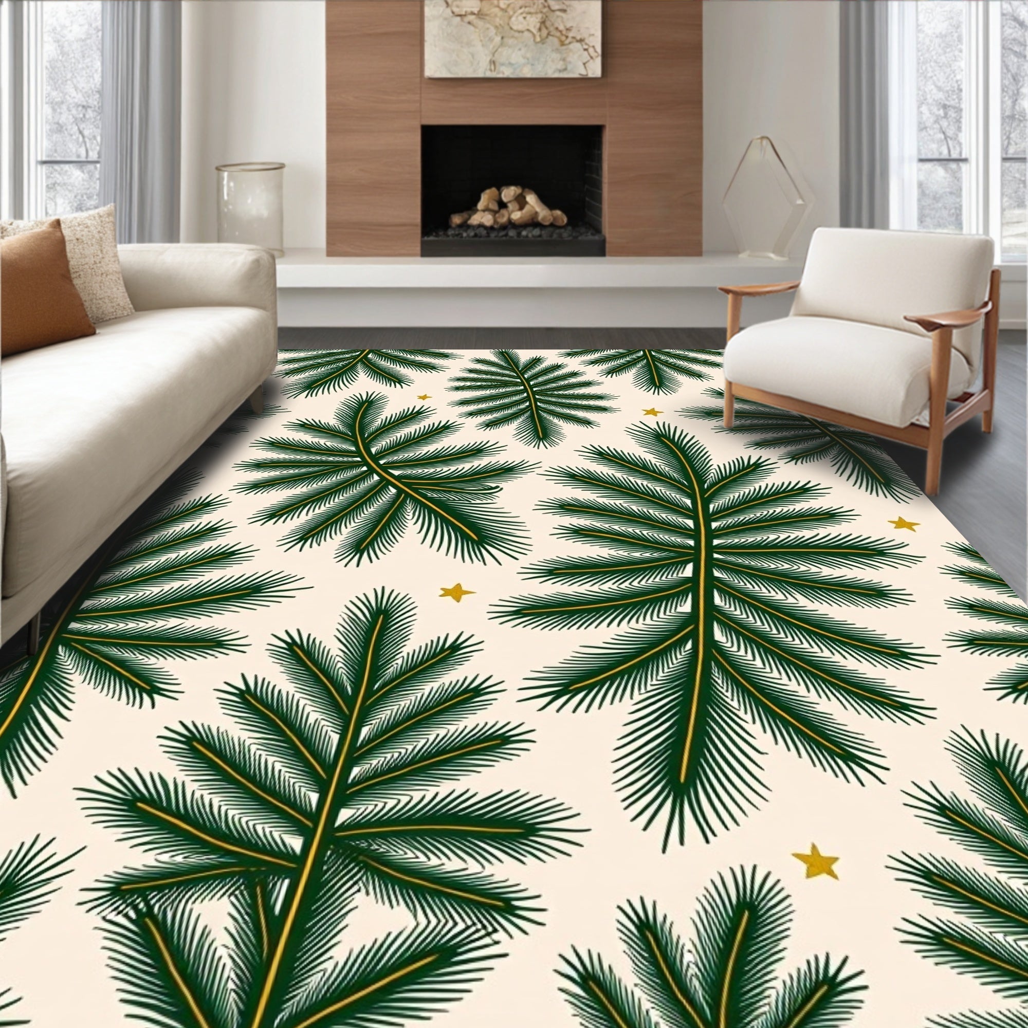 Green Pine Sprig And Gold Star Pattern Rug