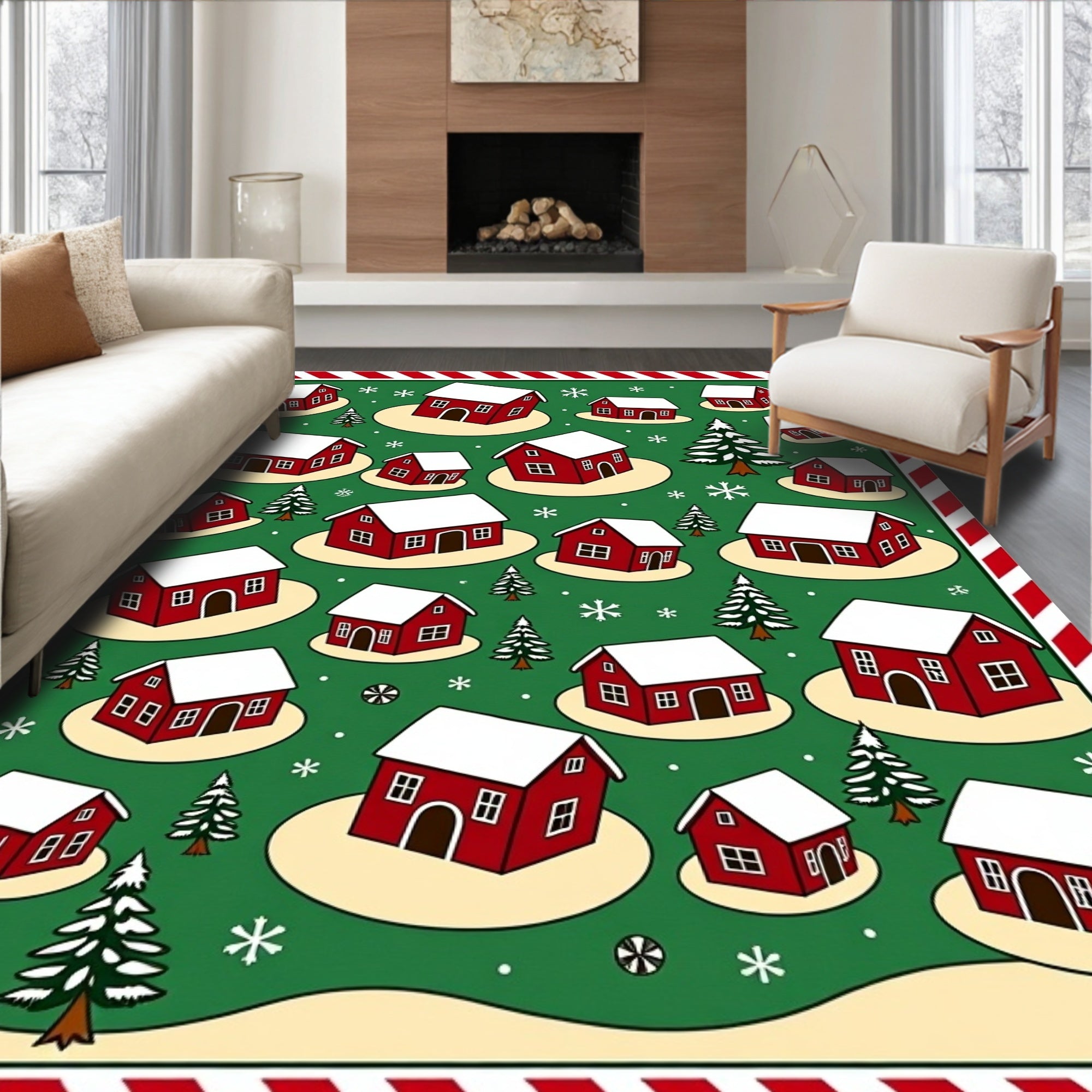 Red Barn Snow Village Trees Rug
