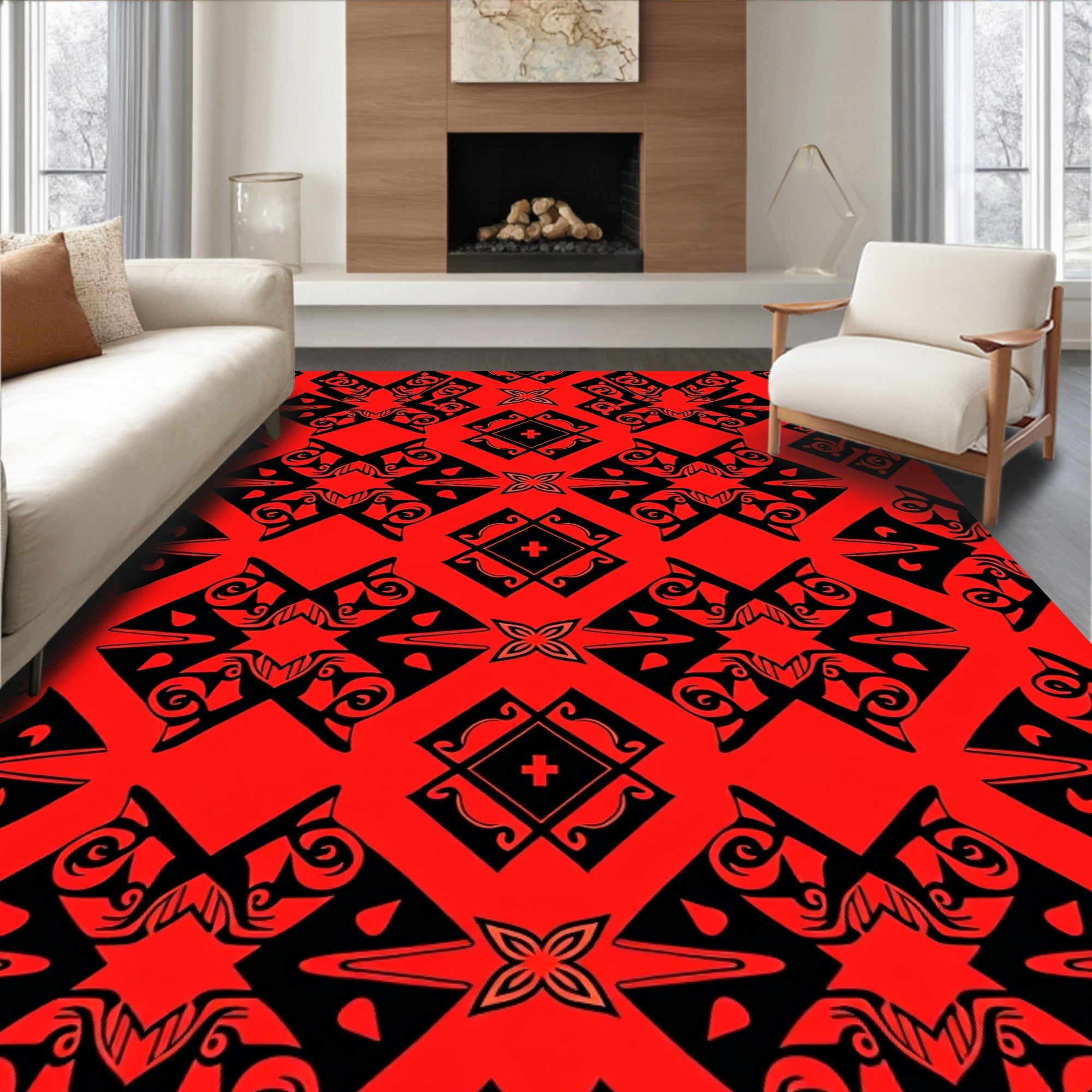 Bold Red Black Abstract Geometric Design Rug