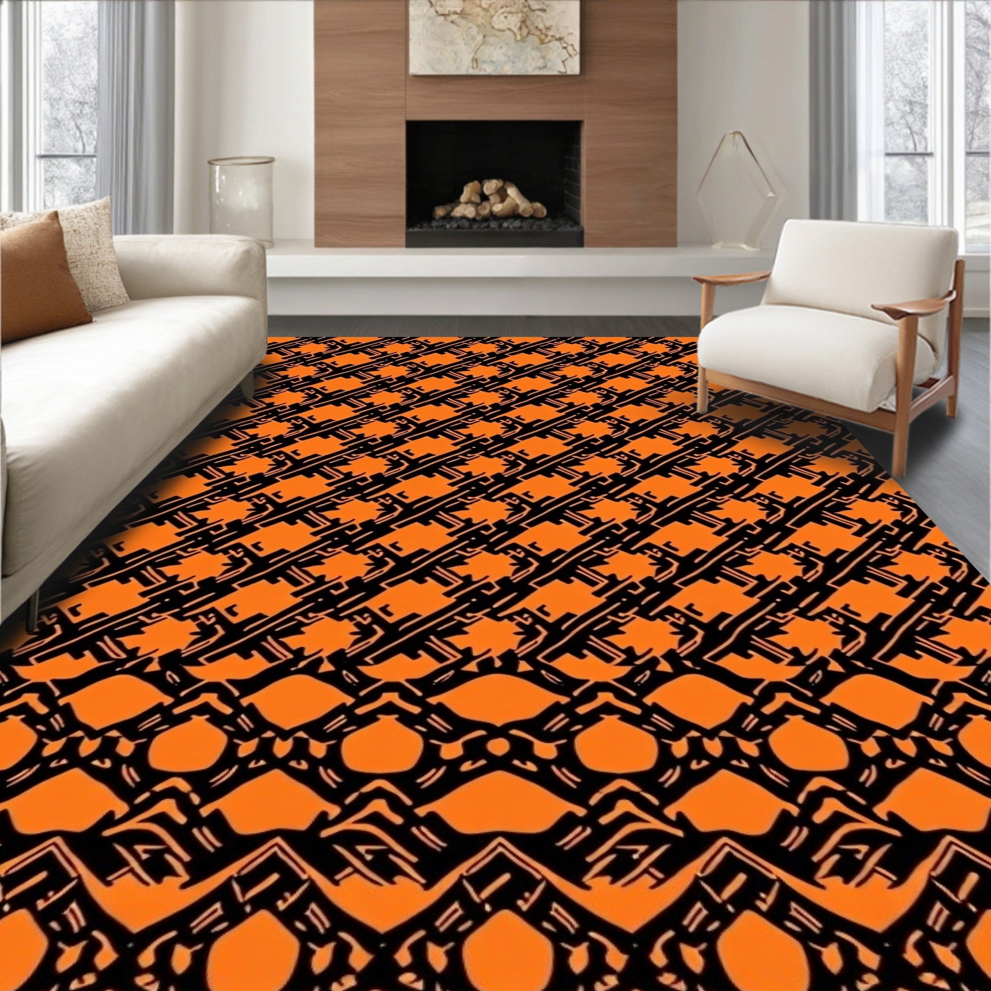 Orange Black Abstract Geometric Pattern Rug