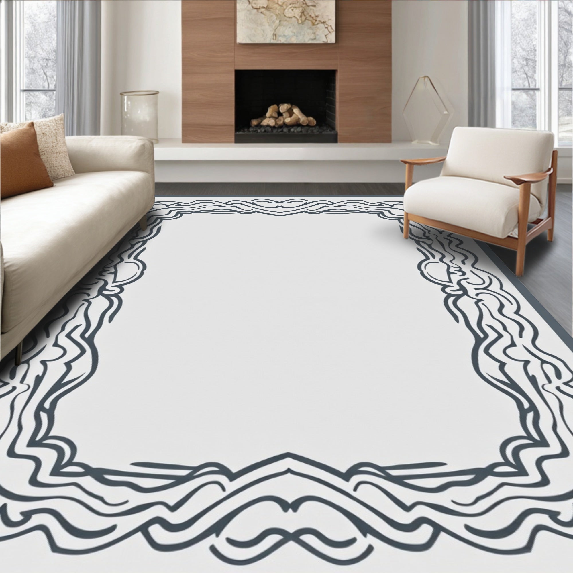 Ornate Fluid Line Frame Design Rug