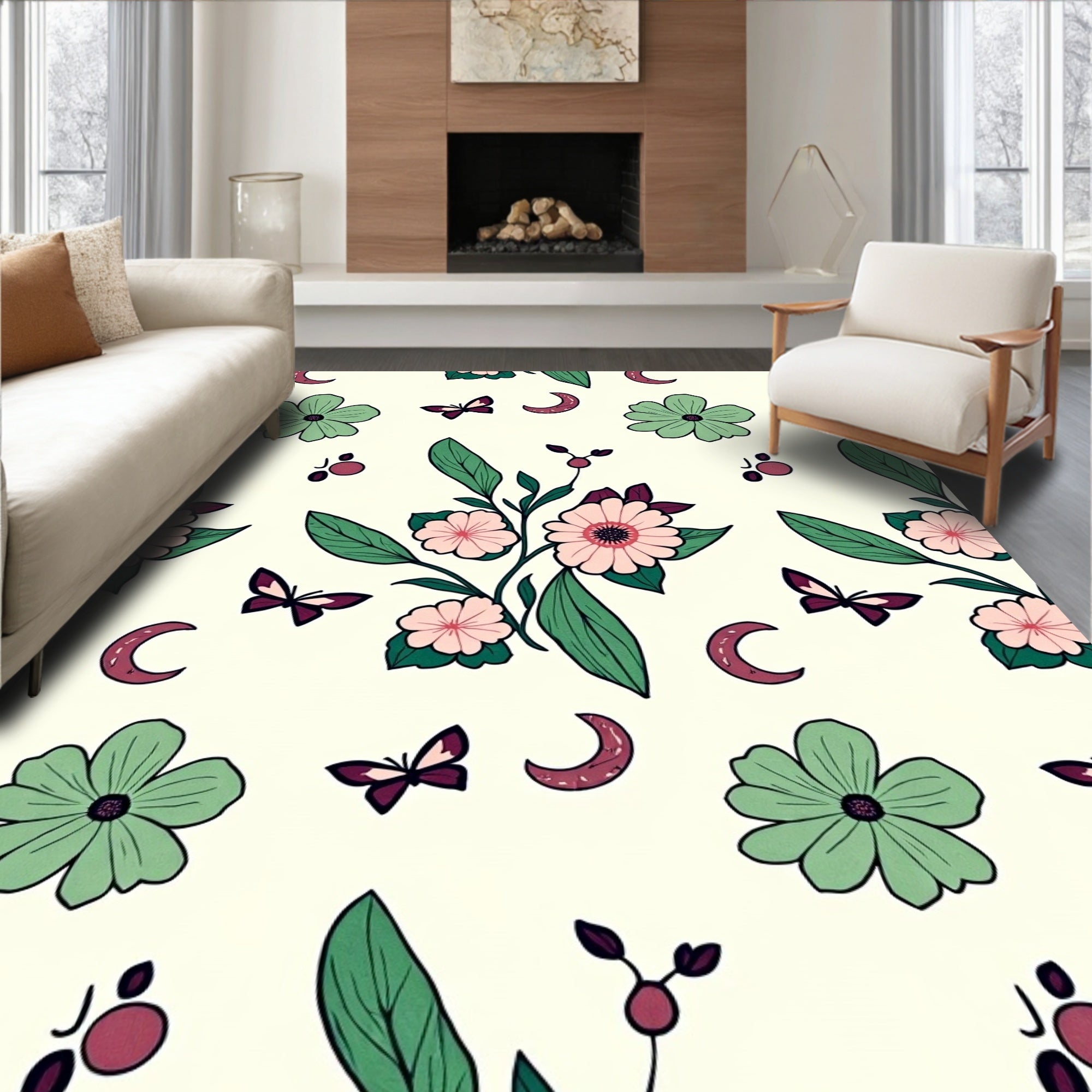 Whimsical Floral Moon Pattern Rug