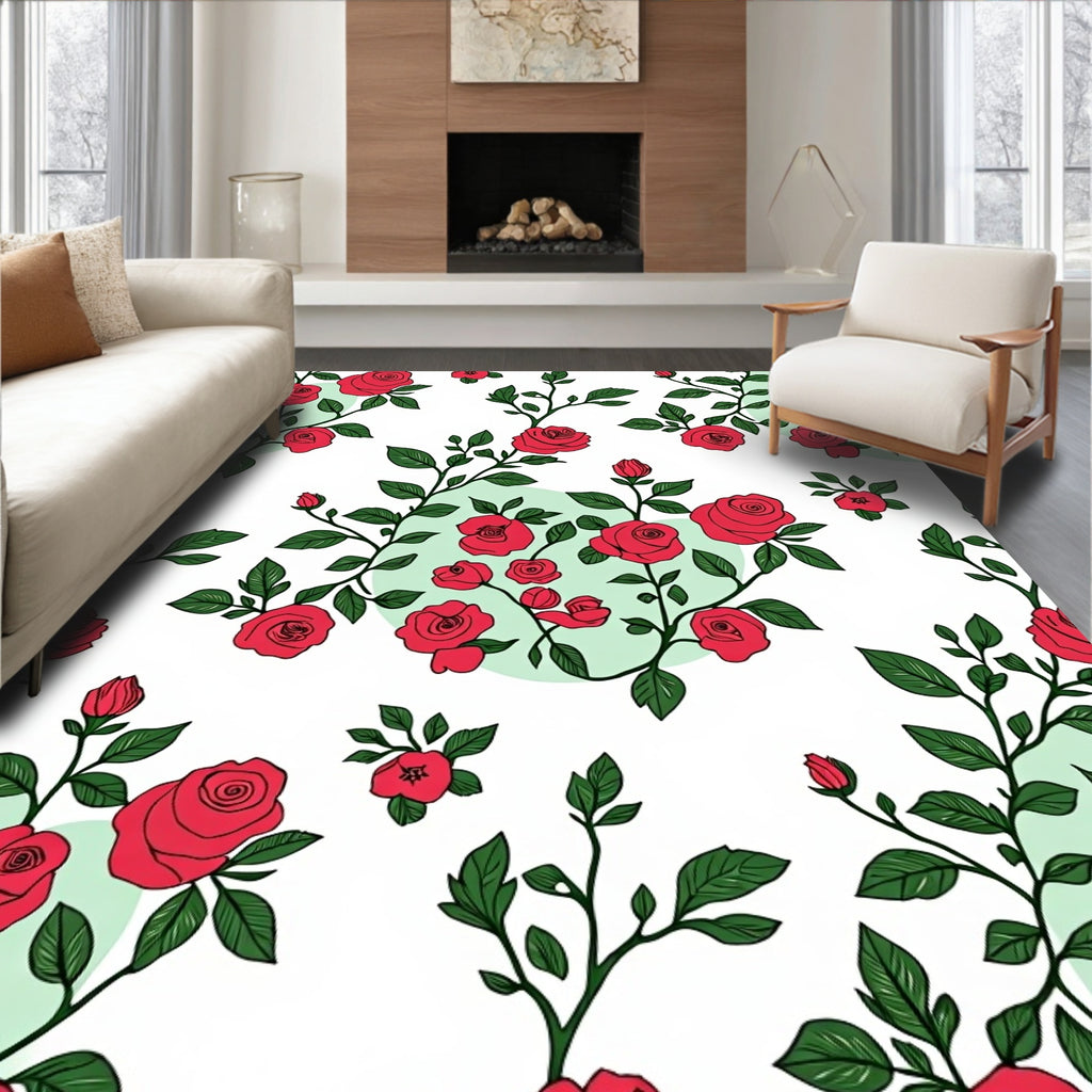 Classic Red Rose Floral Branch Pattern Rug