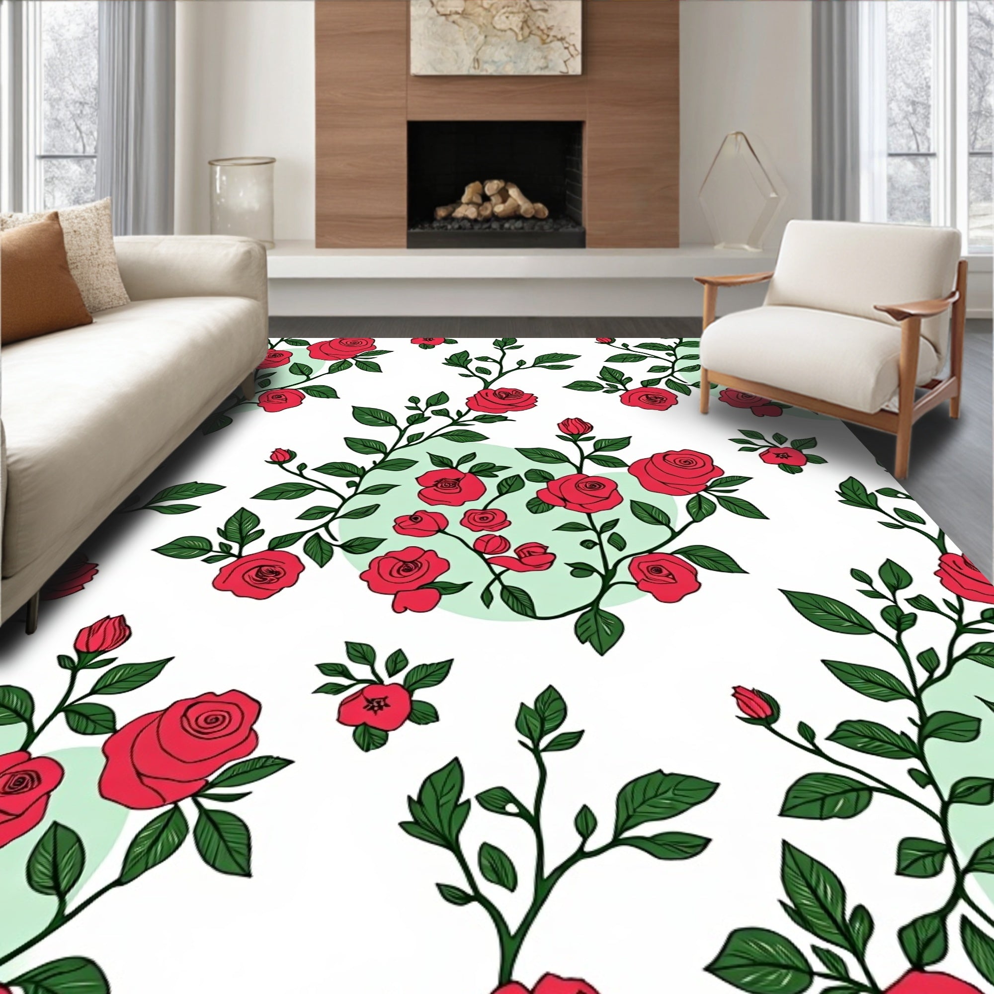 Classic Red Rose Floral Branch Pattern Rug