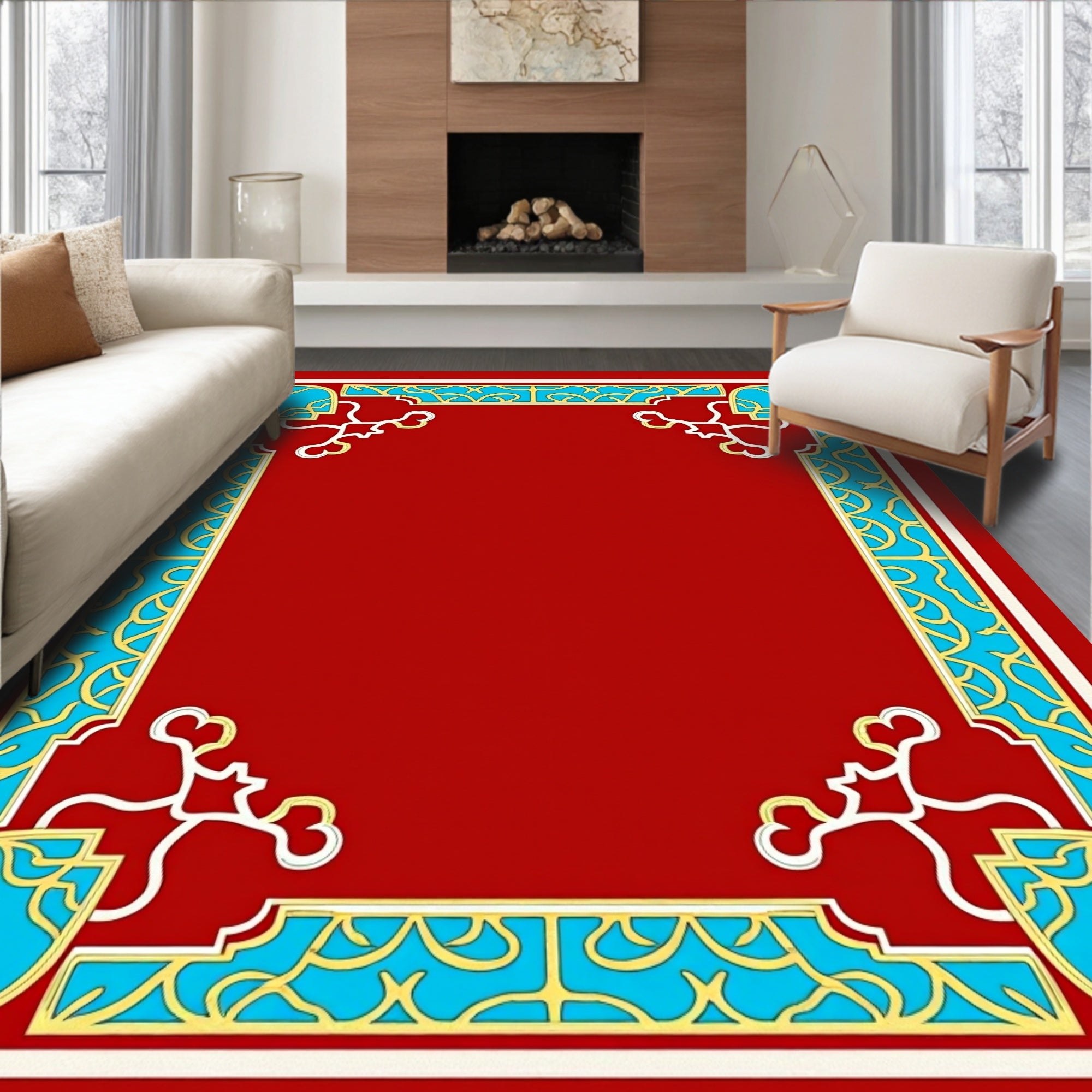 Red Geometric Border With Teal Accents Rug