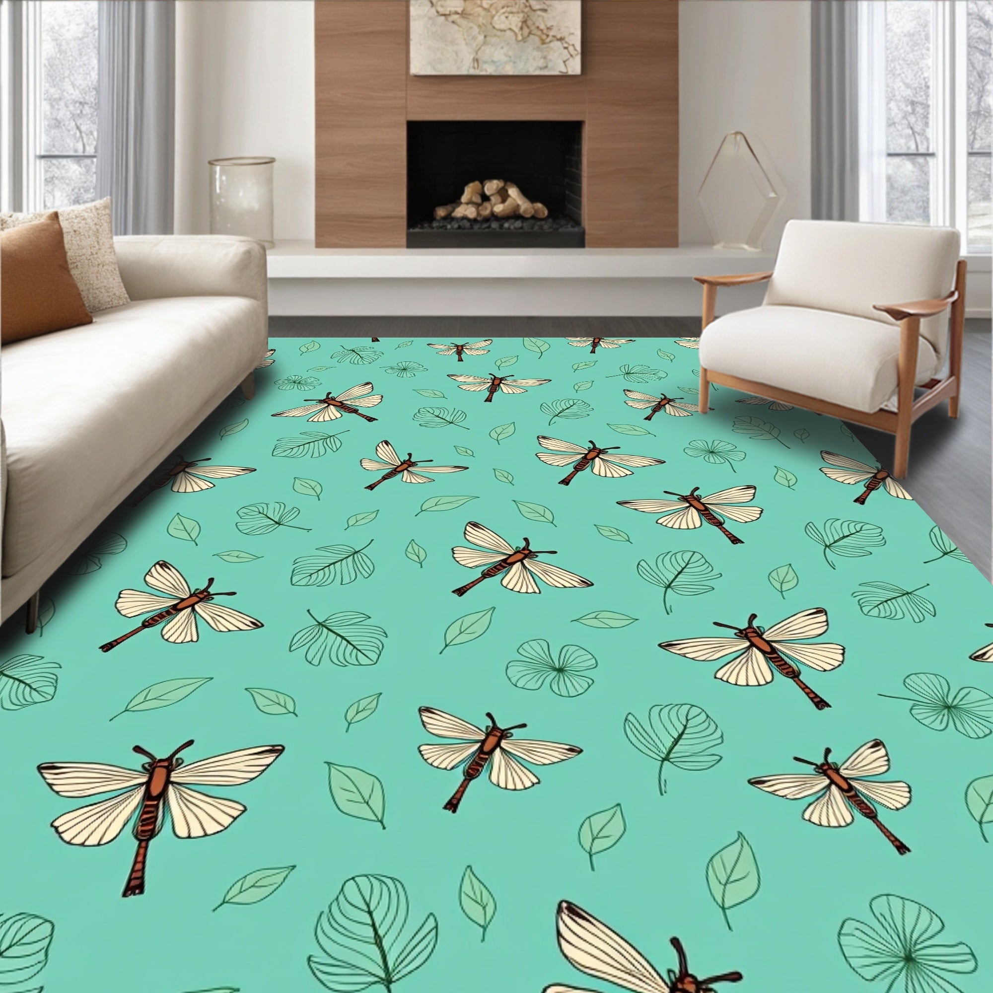 Dragonfly And Leaf Pattern Rug