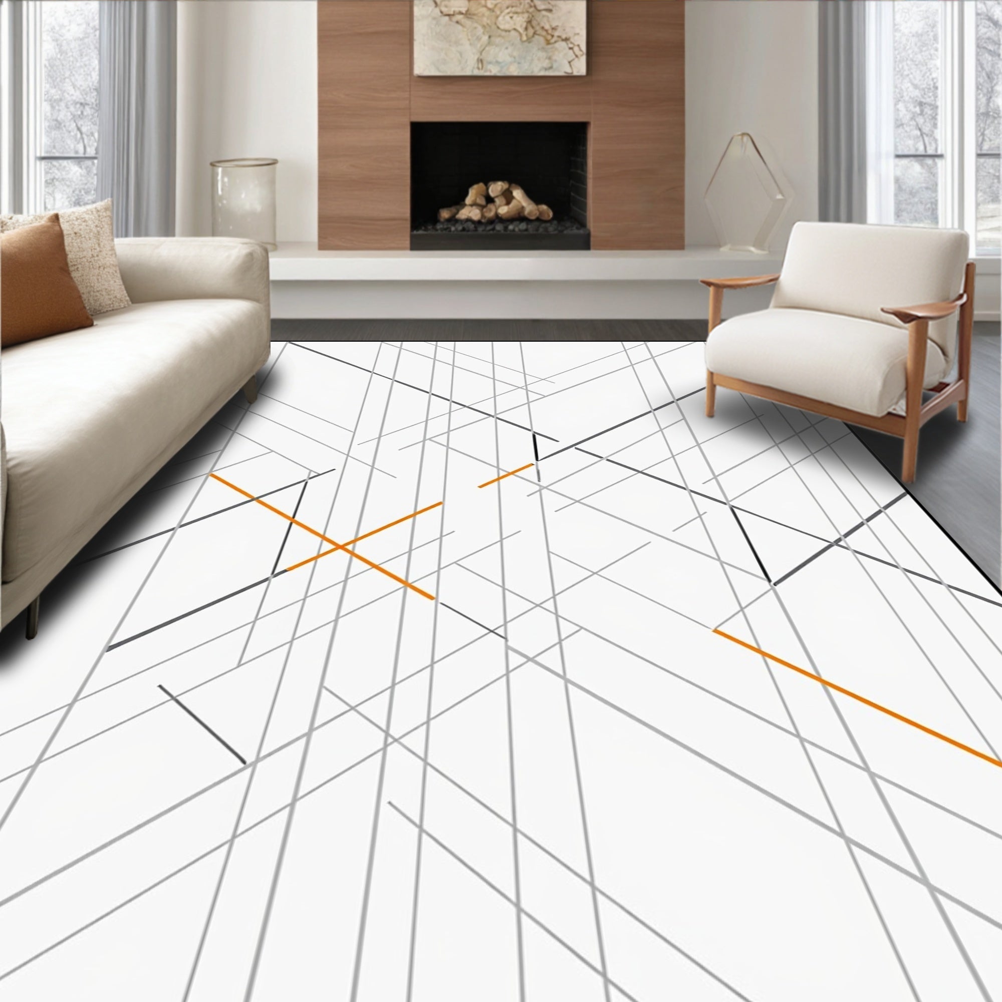 Abstract Orange Grey Geometric Pattern Rug