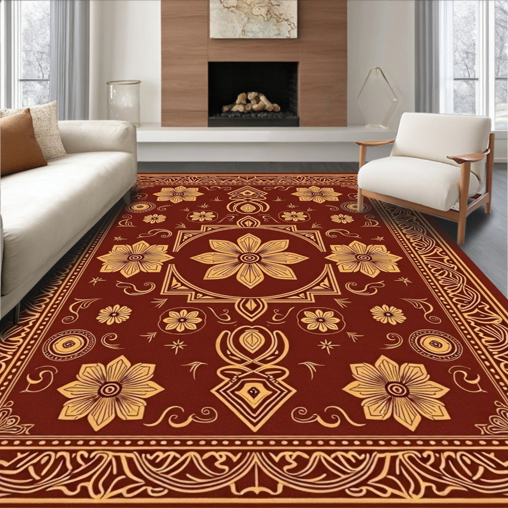 Rich Crimson Gold Floral Pattern Rug