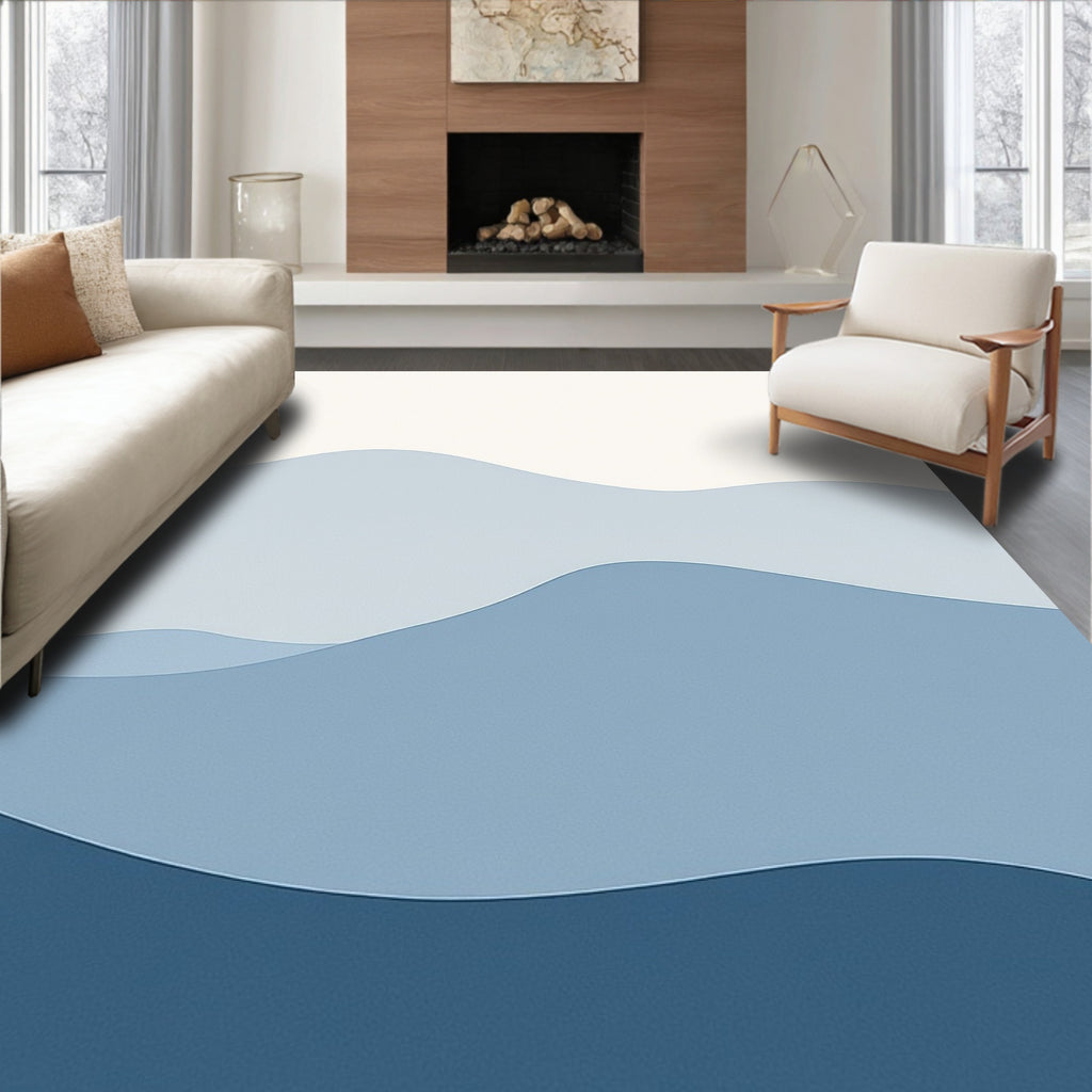 Serene Blue Layered Wave Pattern Rug