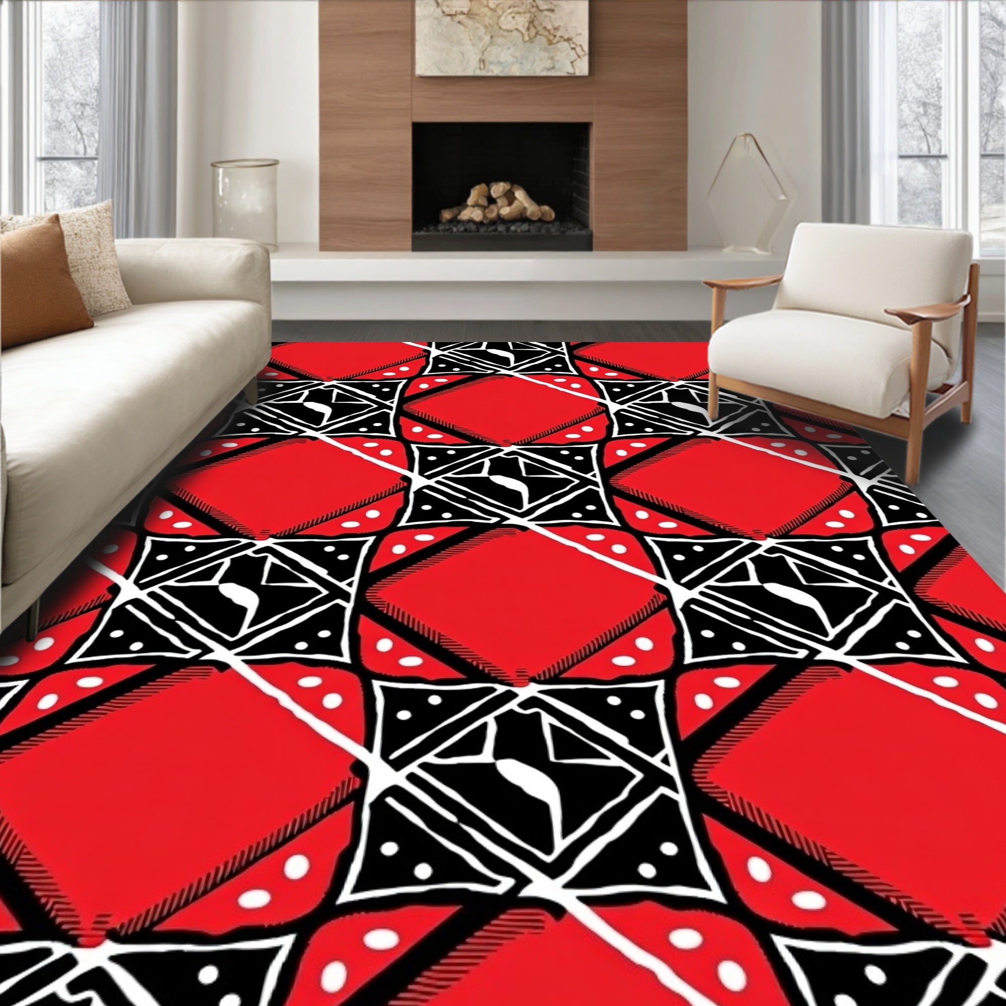 Red Black Geometric Diamond Pattern Rug