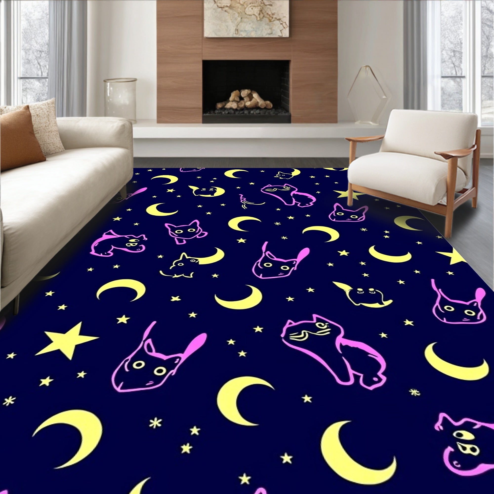 Cute Pink Cat Moon Star Pattern Rug