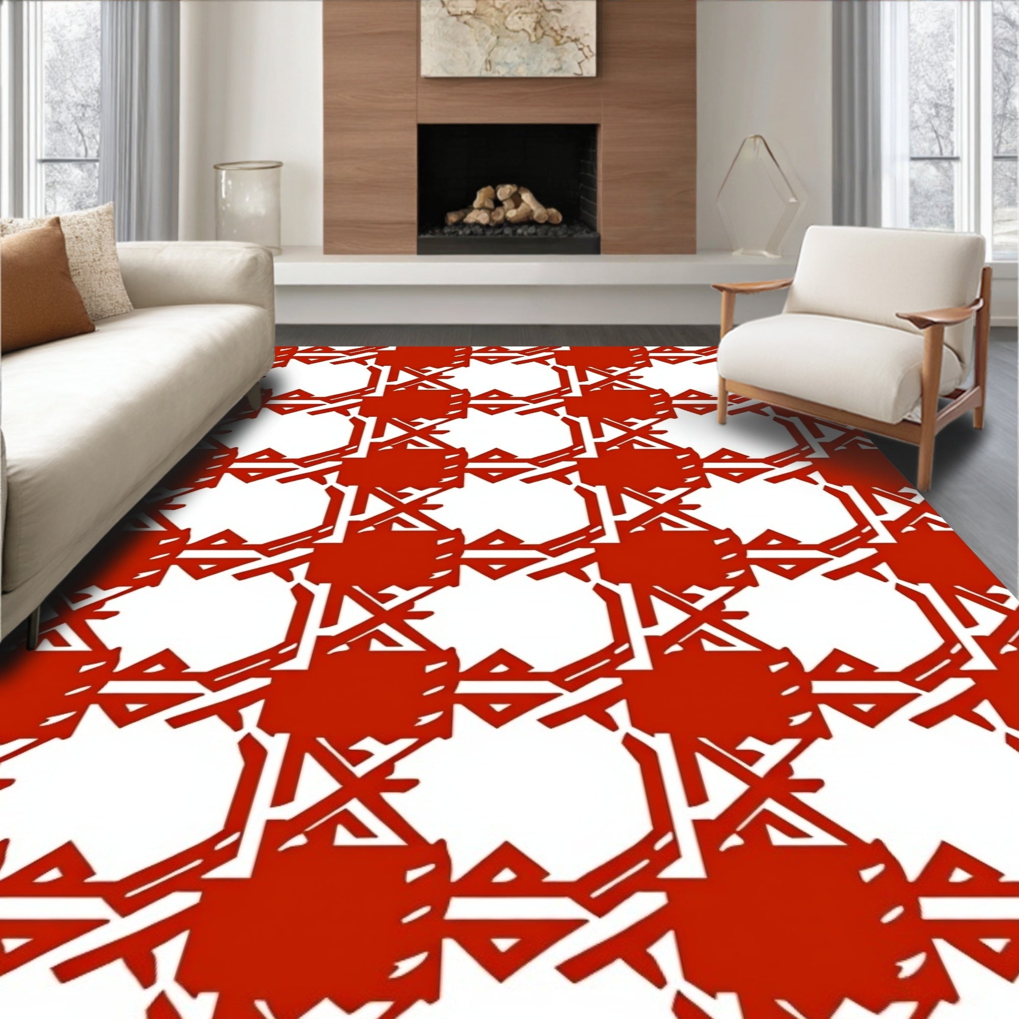 Bold Red White Geometric Pattern Rug